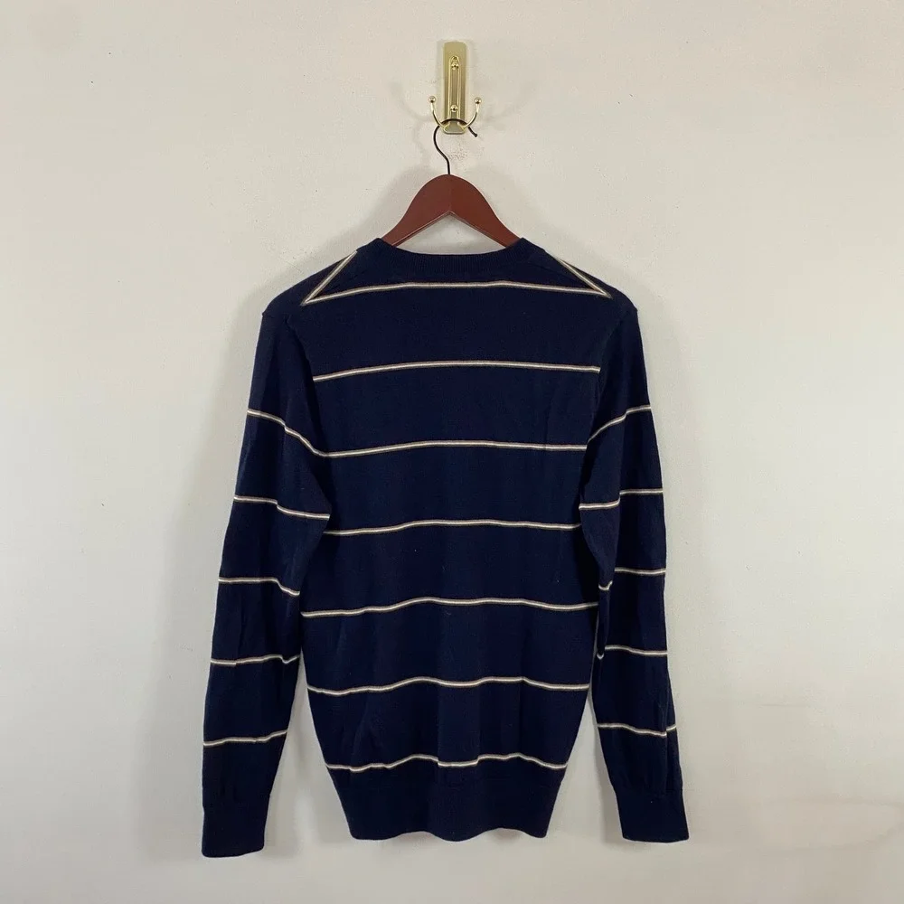 Banana‎ Republic Merino Wool Striped V-Neck Knit Sweater Navy Cream Mens Medium